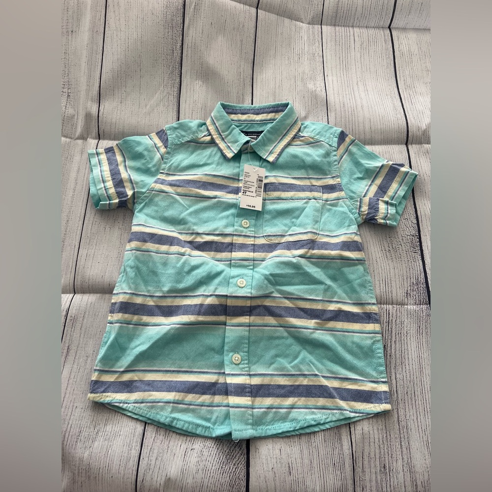 The Children's Place Toddler Boy💙Stripe Linen Short Sleeve Button Down Shirt.